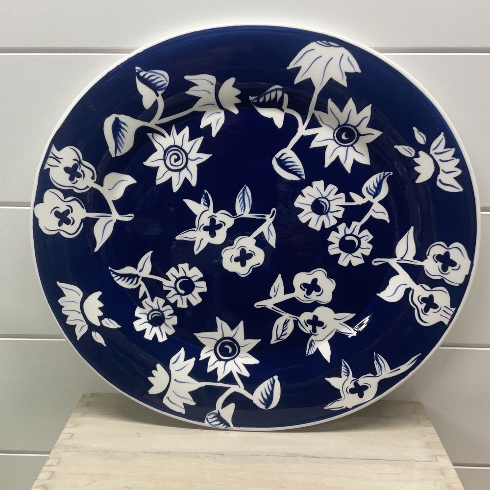 BW Next Cobalt Blue White Floral Ceramic Dinner Plate  Modern Botanical